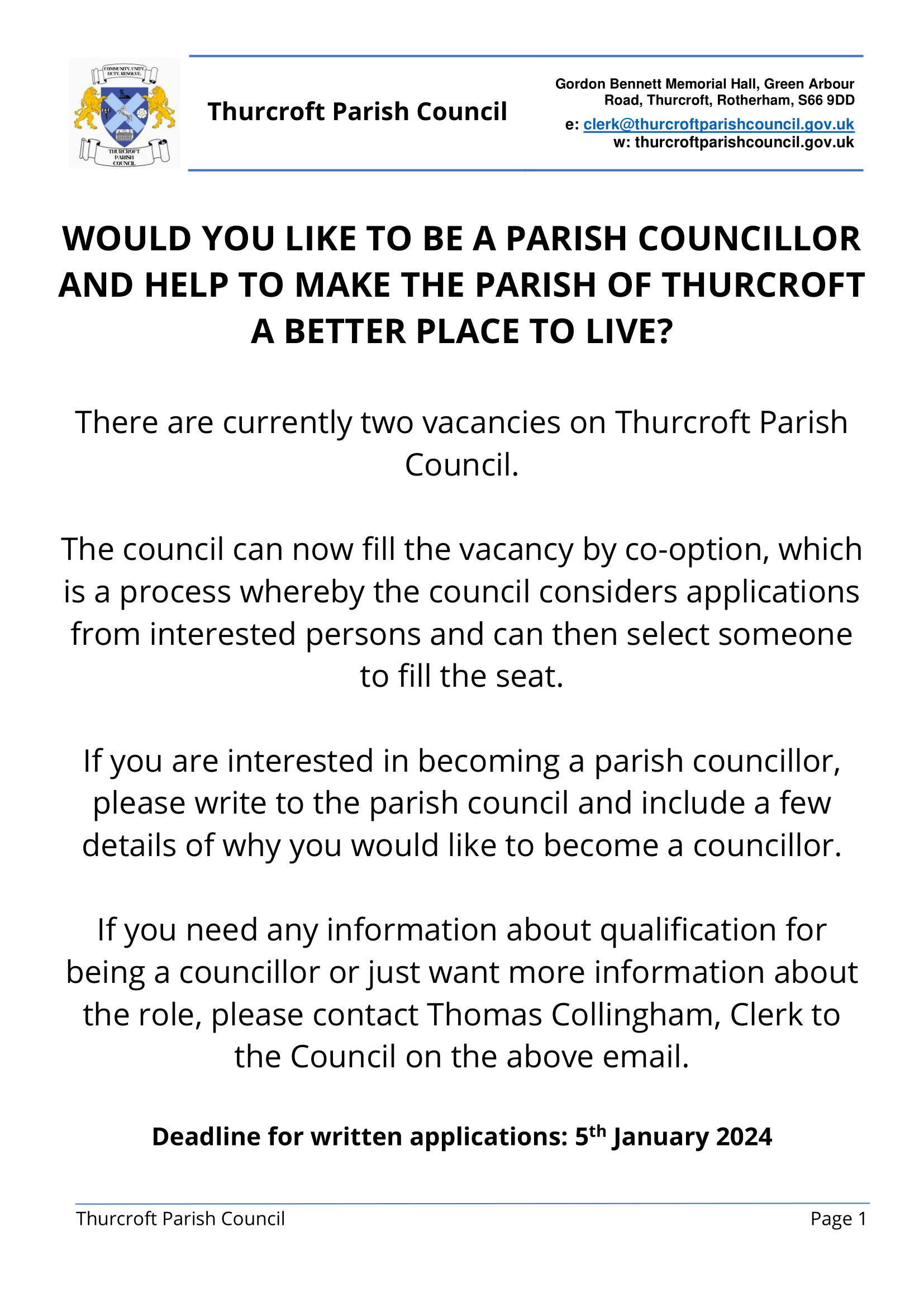 Vacancies for Co-Option in Thurcroft North